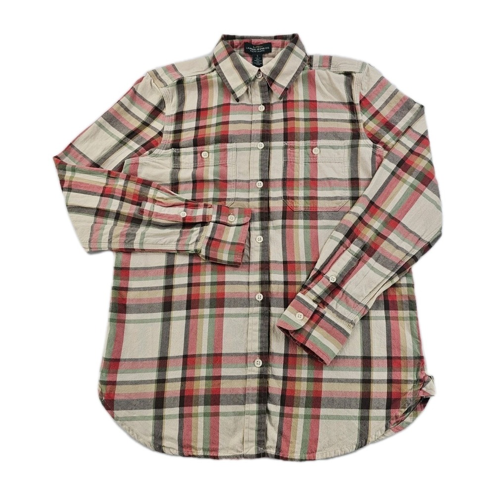 LRL Ralph Lauren Jeans Co Women's Flannel Button Up Small Cream Red Plaid Shirt